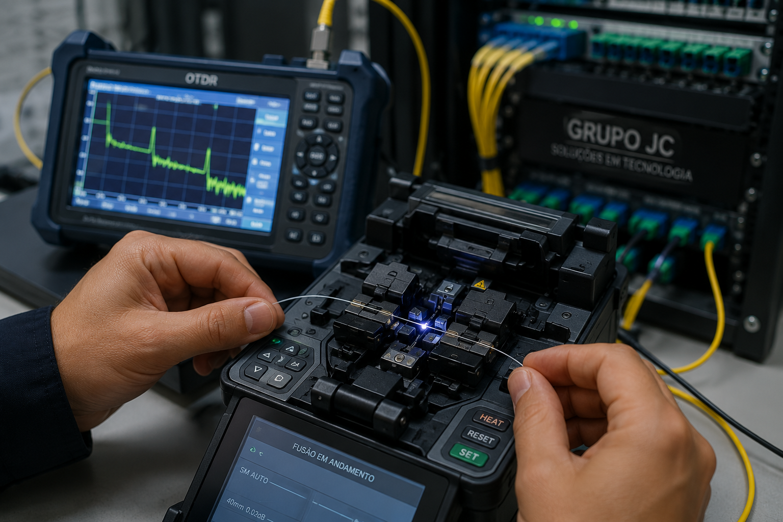Fusão e certificação de rede de fibra óptica com OTDR